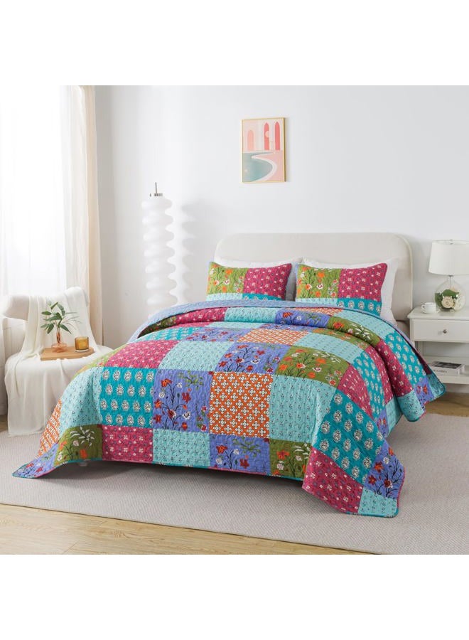 SLPR All is Bright 3-Piece Quilt Set – King Size with 2 Shams, Summer Lightweight Quilted Bedspread with Colorful Patchwork, Bohemian Vintage-Inspired Bedding for All Seasons - Image 3
