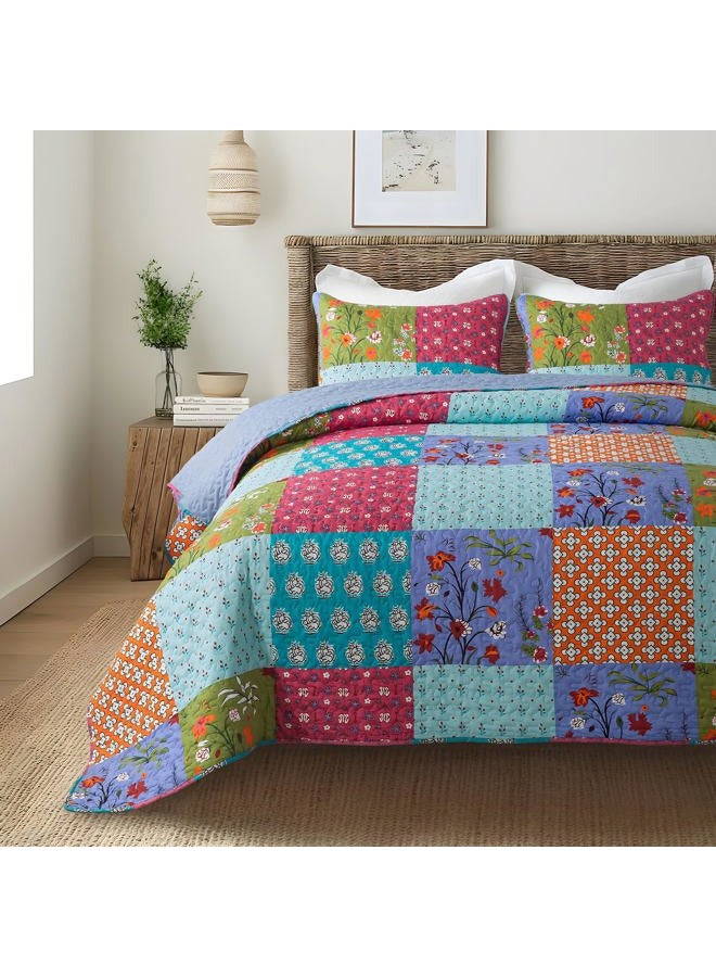 SLPR All is Bright 3-Piece Quilt Set – King Size with 2 Shams, Summer Lightweight Quilted Bedspread with Colorful Patchwork, Bohemian Vintage-Inspired Bedding for All Seasons - Image 1