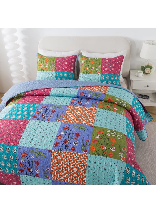 SLPR All is Bright 3-Piece Quilt Set – King Size with 2 Shams, Summer Lightweight Quilted Bedspread with Colorful Patchwork, Bohemian Vintage-Inspired Bedding for All Seasons - Image 4