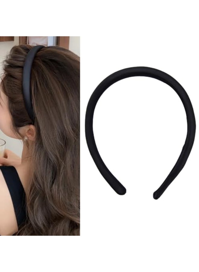 Sdopbinbin Black Thin Headbands for Women Non Slip Thick Hair Accessories for Girls Women Black Padded Headband for Long Wavy Hair Hoops Black Satin Headband without Teeth Silk Head Band - Image 1
