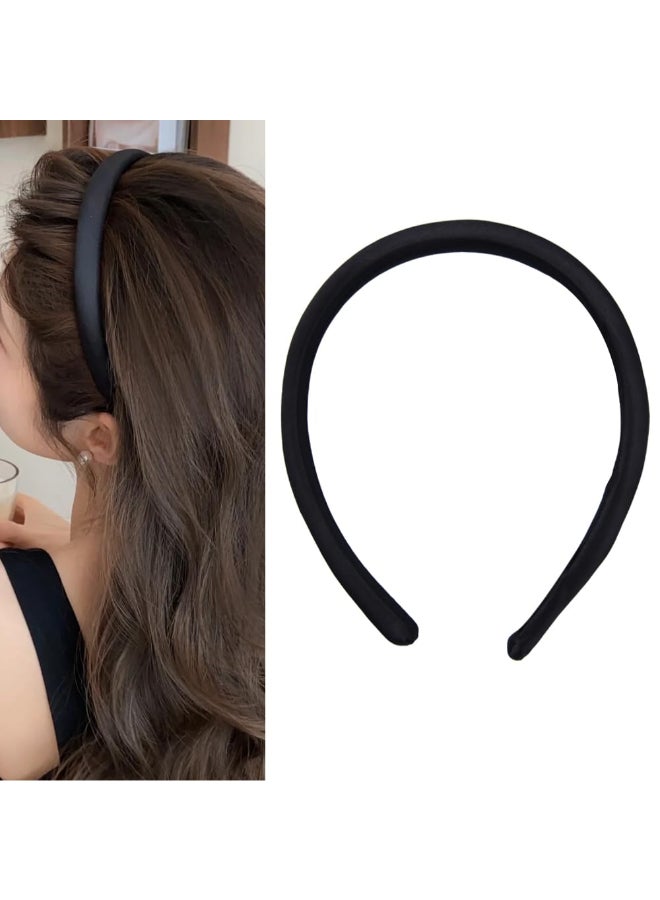 Sdopbinbin Black Thin Headbands for Women Non Slip Thick Hair Accessories for Girls Women Black Padded Headband for Long Wavy Hair Hoops Black Satin Headband without Teeth Silk Head Band - Image 2
