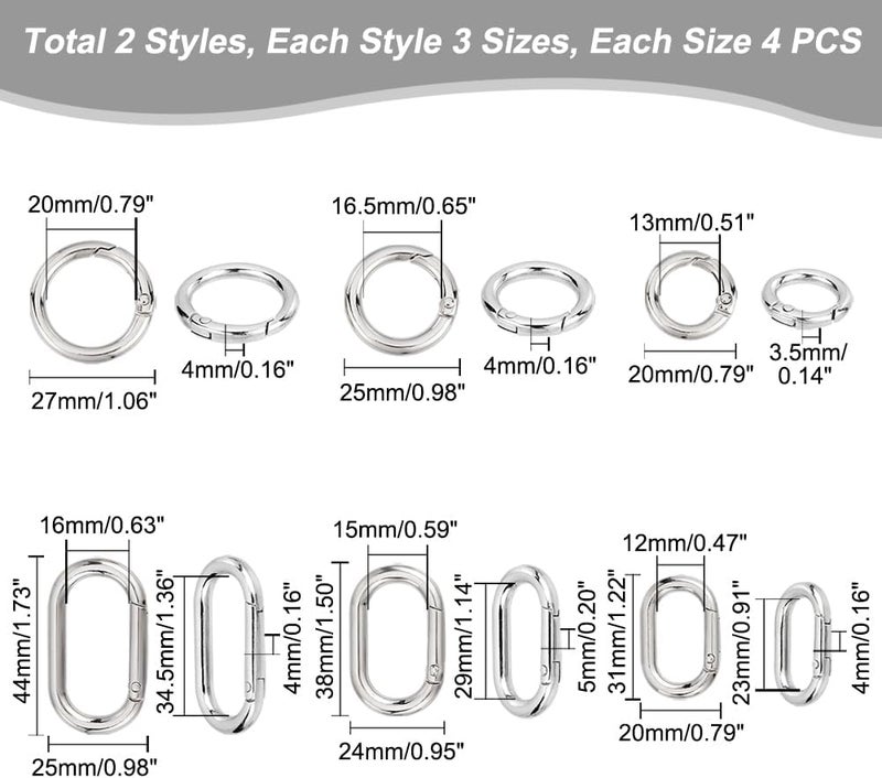 klarako 24 Pieces Spring Gate Rings, 20/25/27/31/38/44mm Spring O Rings Round Loaded Gate Oval Clips Snap Hooks Trigger Spring Keyring Buckle DIY Accessories for Bag Purse Shoulder Strap Key Chains - Image 2