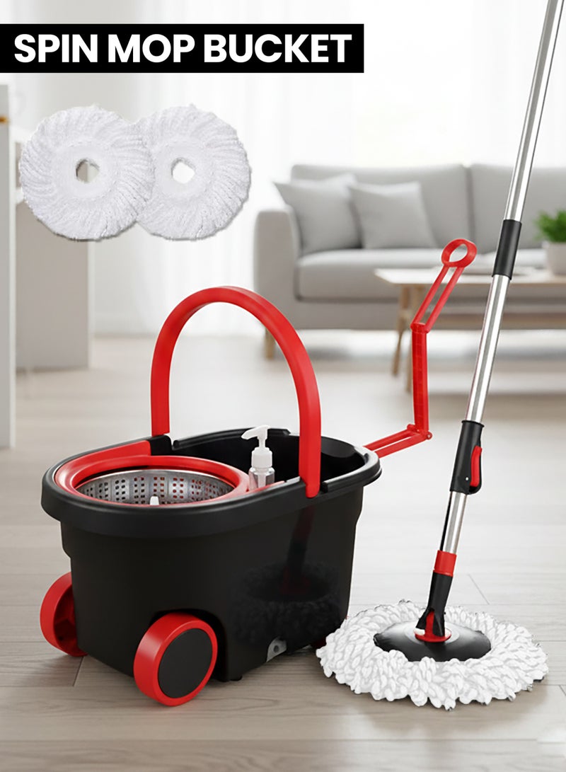 MarkedOne 360° Spin Mop with Wheels and Spray Bottle - Floor Cleaner with Stainless Steel Adjustable Handle, Includes 2 Reusable Super Absorbent Mop Heads for Effortless Cleaning - Image 1