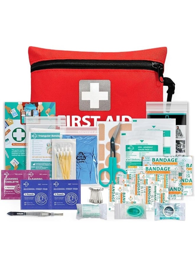 General Medi Mini First Aid Kit, 92 Pieces Small First Aid Kit - Includes Emergency Foil Blanket, Scissors for Travel, Home, Camping, Workplace & Outdoor (Red) - Image 1