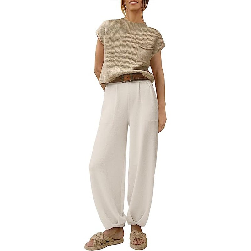 Women's Knit Tracksuit Set - Top and High-Rise Pants - Image 5