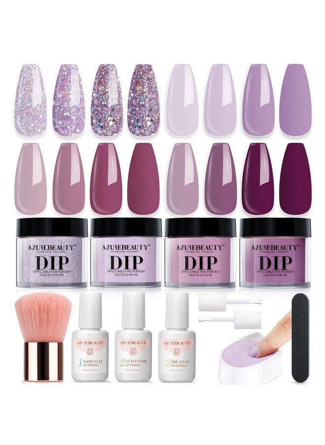 AZUREBEAUTY Dip Powder Nail Kit Fall Winter Dark Purple Lilac Purple Glitter 4 Colors Nail Dip Powder Starter Set Essential Dip Liquid Set With Base/Top Coat Activator For French Art Manicure Diy Gift  - Image 1