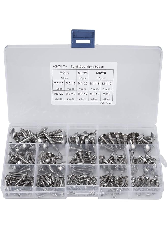 Generic 180Pcs Stainless Steel Screws Round Head Self-Tapping Assorted Screw Set M3 M4 M5 M6 Assortment Kit with Plastic Box - Image 1