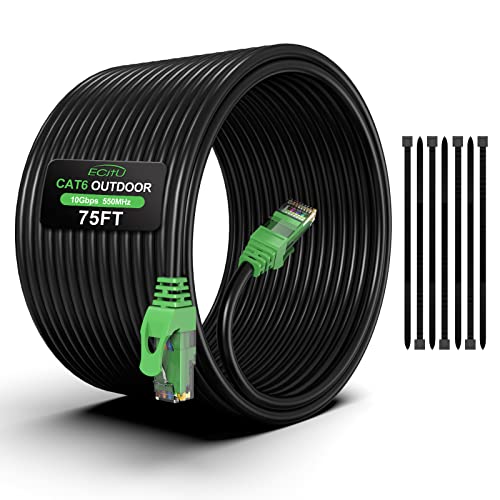 ecjtu 75FT Cat6 Outdoor Ethernet Cable, In-Ground, Heavy Duty Direct Burial, 24AWG CCA Patch Cord for Laptops, PCs, Routers, Printers, Surveillance Camera, PoE, UTP Cat 6 Internet Cable with 25 Cable Ties - Image 1