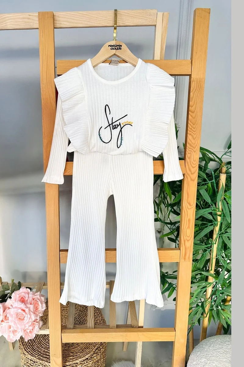 Miniğimin Cicileri My Little Ones (3-7 Years Old) Stay Embroidery Ruffle Detailed Girl's Corduroy 2-Piece Set - Ecru