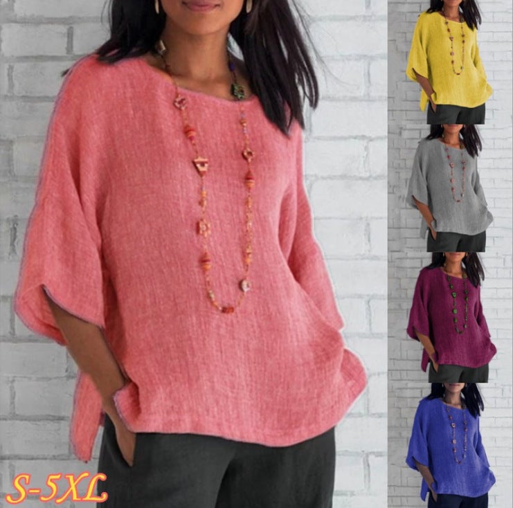 Women's 7/8 Sleeve Round Neck Linen Blend Shirt - Image 1