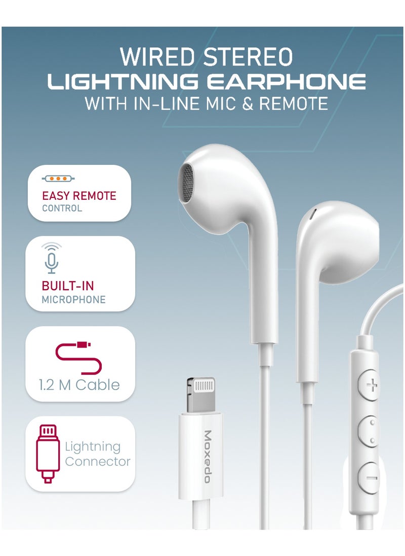 Moxedo - Moxedo Wired Stereo Lightning Earphone with In-Line Remote, Built-in Microphone Compatible for iPhone 14/13/12/11 Pro Max/X/XS Max/XR - White - Image 1