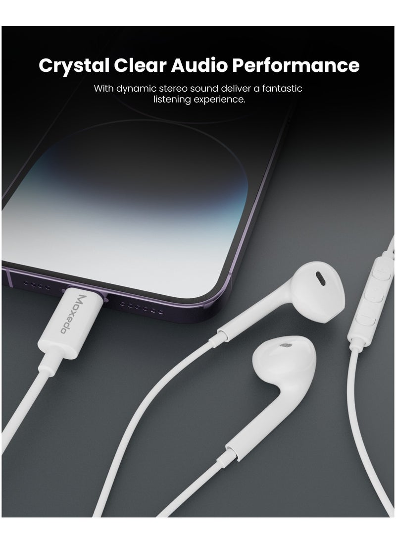 Moxedo - Moxedo Wired Stereo Lightning Earphone with In-Line Remote, Built-in Microphone Compatible for iPhone 14/13/12/11 Pro Max/X/XS Max/XR - White - Image 1