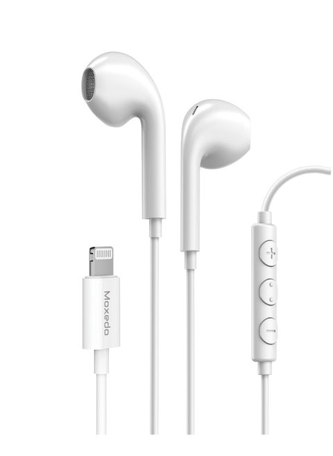 Moxedo Wired Stereo Lightning Earphone with In-Line Remote, Built-in Microphone Compatible for iPhone 14/13/12/11 Pro Max/X/XS Max/XR - White
