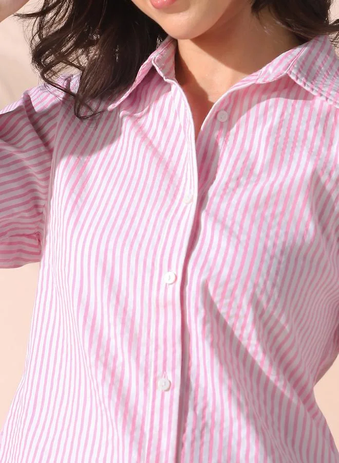Dennis Lingo Women's Pink Cotton Blend Striped Button Down Regular FiT-Shirt