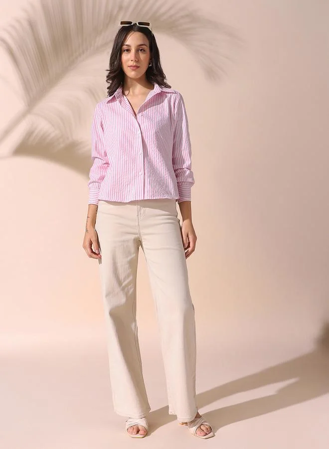Dennis Lingo Women's Pink Cotton Blend Striped Button Down Regular FiT-Shirt