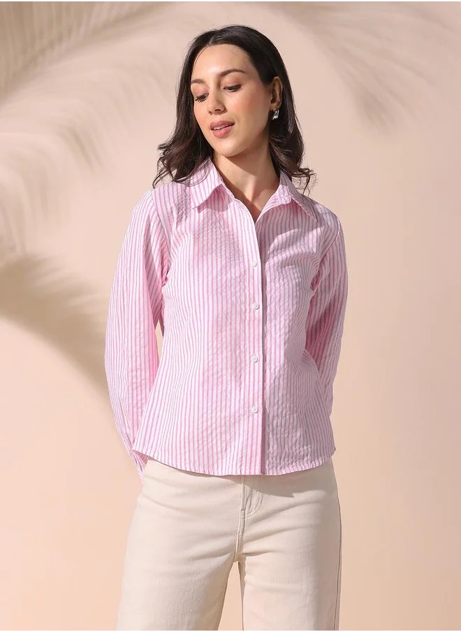 Dennis Lingo Women pink regular fit striped full sleeves button down cotton blend shirts with button closure featuring a spread collar- where comfort meets classic charm.
