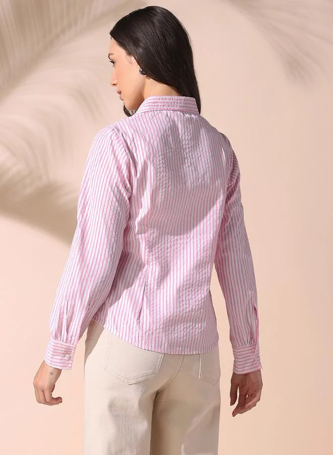 Dennis Lingo Women's Pink Cotton Blend Striped Button Down Regular FiT-Shirt