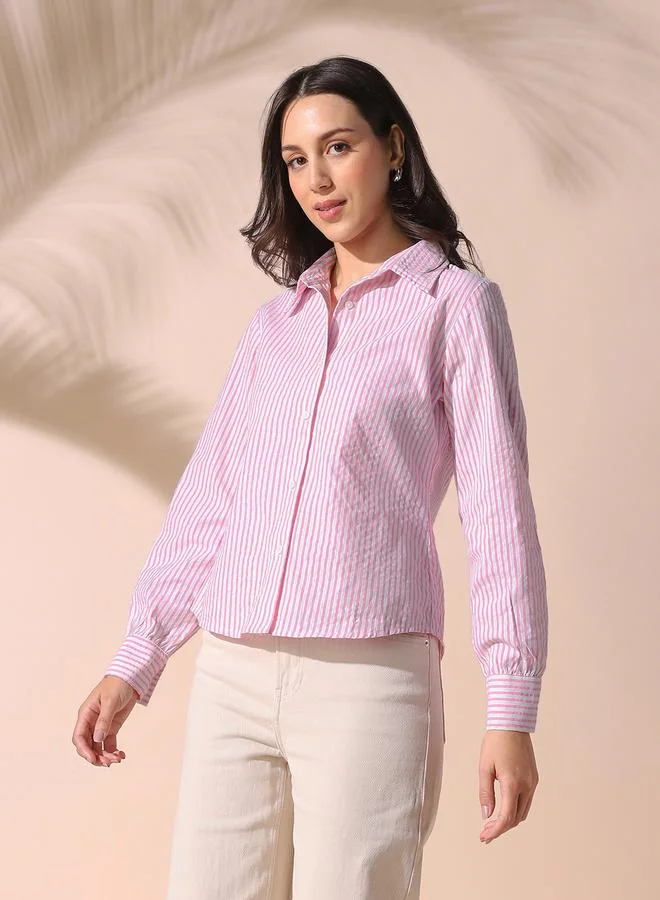 Dennis Lingo Women's Pink Cotton Blend Striped Button Down Regular FiT-Shirt