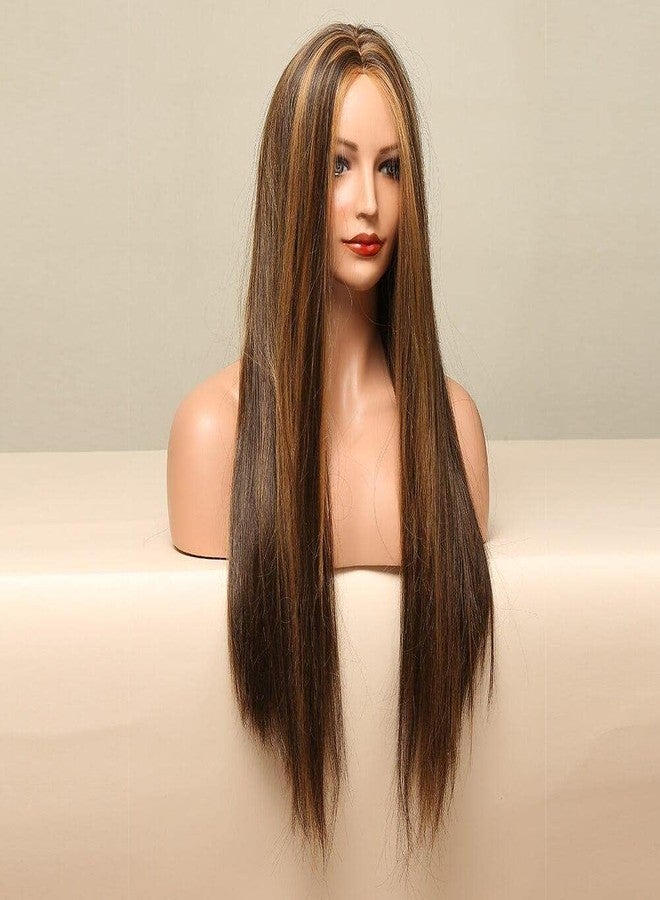Ashkash 2 Shades Brown Mix Golden 26 Inches Long Straight Synthetic Hair Wig for Women with Middle Part (9008D/2H27A) - Image 2