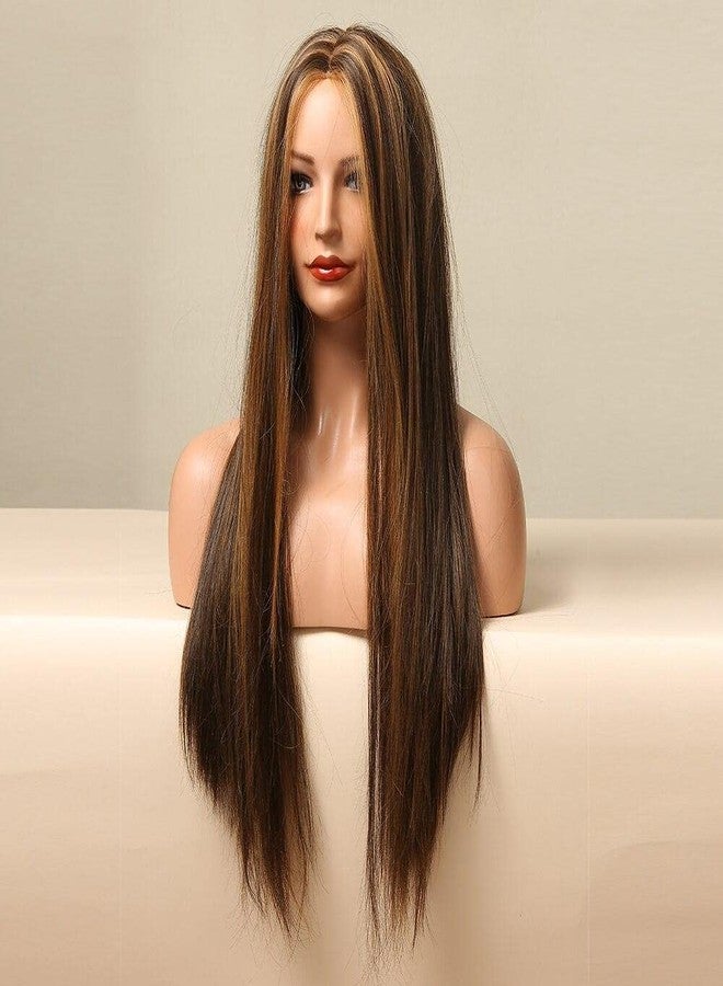 Ashkash 2 Shades Brown Mix Golden 26 Inches Long Straight Synthetic Hair Wig for Women with Middle Part (9008D/2H27A) - Image 4