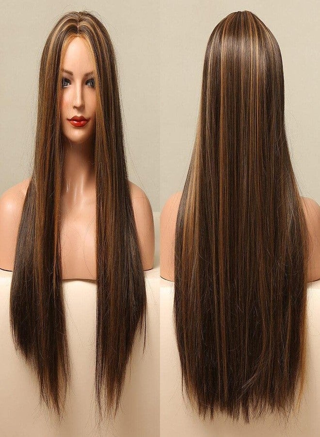 Ashkash 2 Shades Brown Mix Golden 26 Inches Long Straight Synthetic Hair Wig for Women with Middle Part (9008D/2H27A) - Image 1