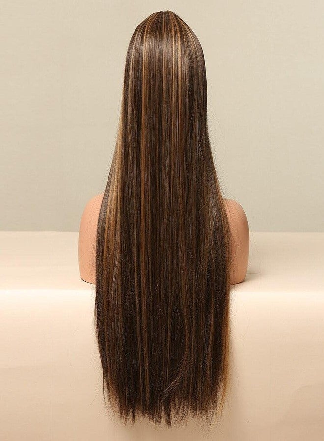 Ashkash 2 Shades Brown Mix Golden 26 Inches Long Straight Synthetic Hair Wig for Women with Middle Part (9008D/2H27A) - Image 3