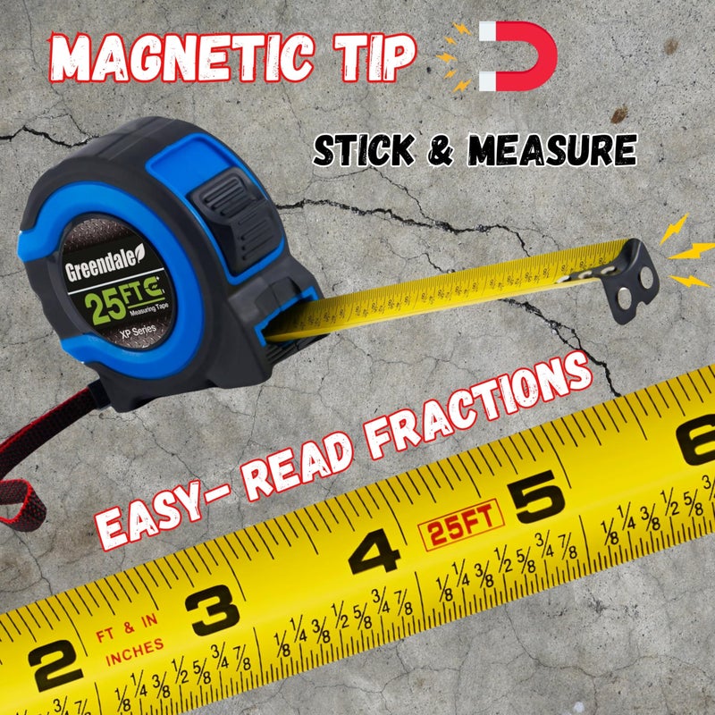 Greendale â€“ 3 Pack Tape Measures 25 ft â€“ Easy-Read Fractions, Magnetic Tip, Quick-Lock & Auto-Retract â€“ Heavy-Duty Measuring Tape with Belt Clip â€“ Blue - Image 2