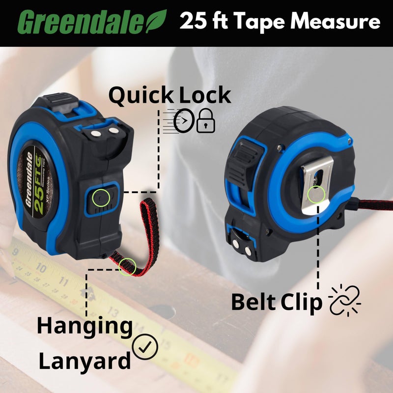 Greendale â€“ 3 Pack Tape Measures 25 ft â€“ Easy-Read Fractions, Magnetic Tip, Quick-Lock & Auto-Retract â€“ Heavy-Duty Measuring Tape with Belt Clip â€“ Blue - Image 4