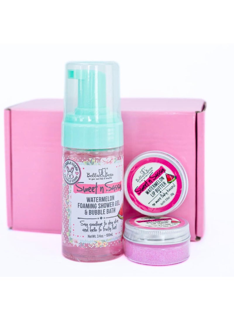 Bella and Bear - Bella  Bear Sweet n Sassy Mini Bath  Body Gift Set with 2 in1 Foaming Shower Gel  Bubble Bath Lip Scrub Lip Butter  Gift - Image 1