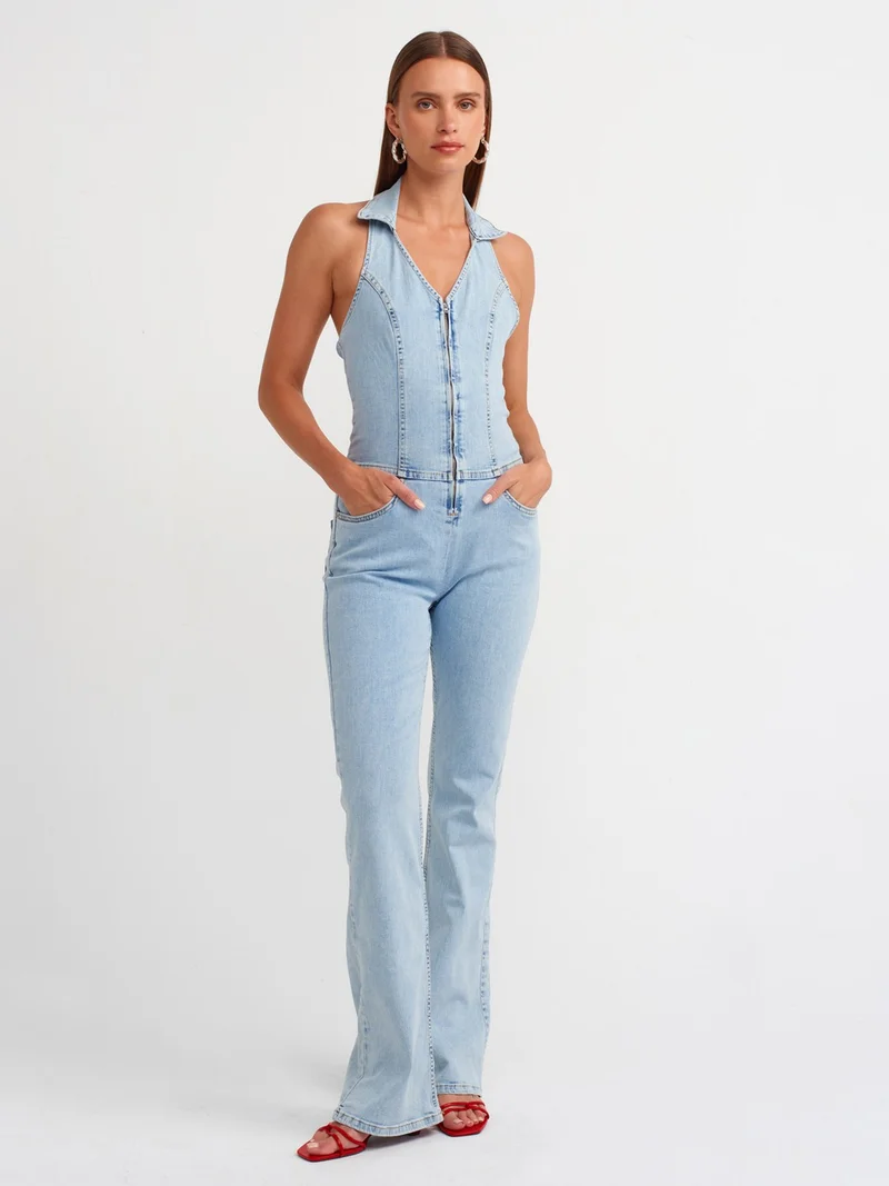 Dilvin 71509 Backless Lycra Denim Overalls-Blue