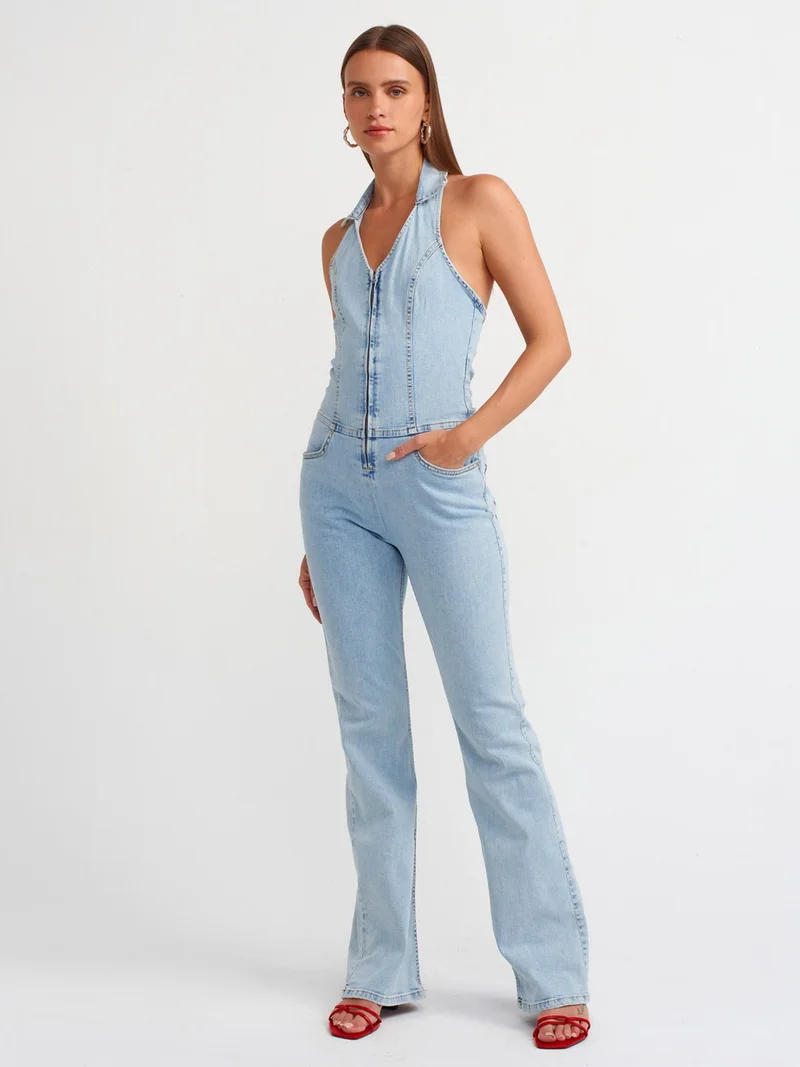 Dilvin 71509 Backless Lycra Denim Overalls-Blue