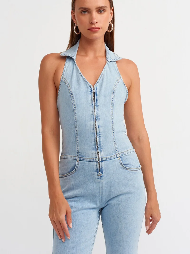 Dilvin 71509 Backless Lycra Denim Overalls-Blue
