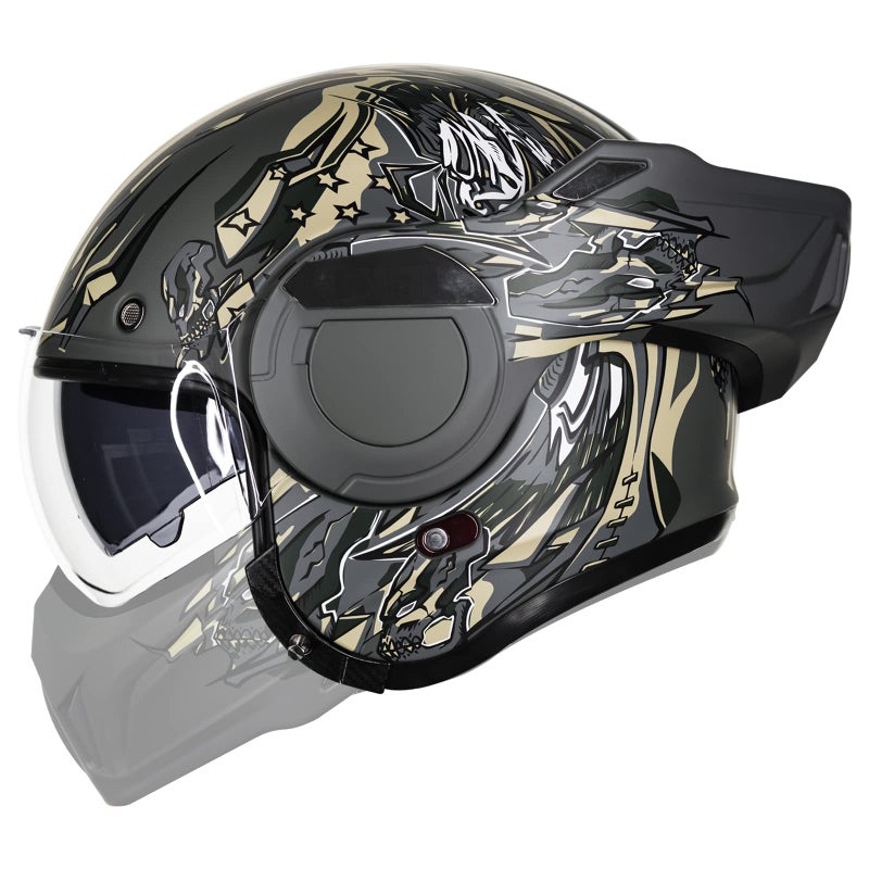 ILM Vintage Full Face Modular Motorcycle Helmet for Adults Men ATV UTV with 180 Reversible Chin Guard DOT ModelB707Army Green 2XL
