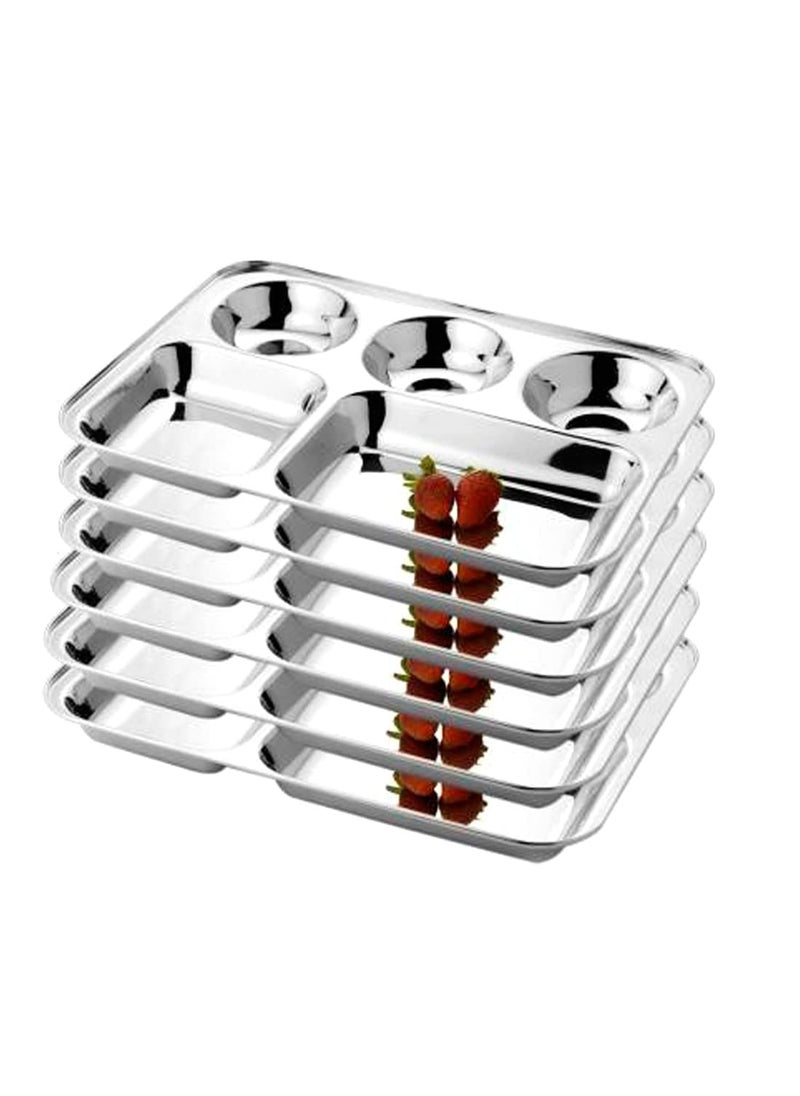 KC - KC Stainless Steel Partition Plate 5 in1/Bhojan Thali/Compartment Plate/Steel Thali/Dinner Plate Set of 6 - Image 1