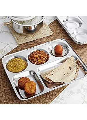 KC - KC Stainless Steel Partition Plate 5 in1/Bhojan Thali/Compartment Plate/Steel Thali/Dinner Plate Set of 6 - Image 1