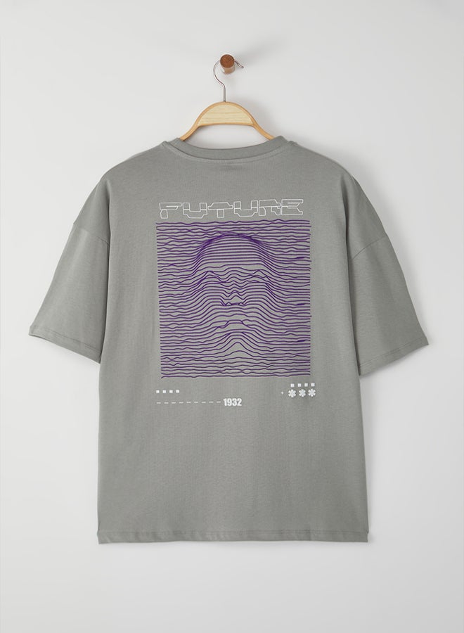 trendyol Grey Oversize/Wide Cut Puffy Printed 100% T-Shirt - Image 2