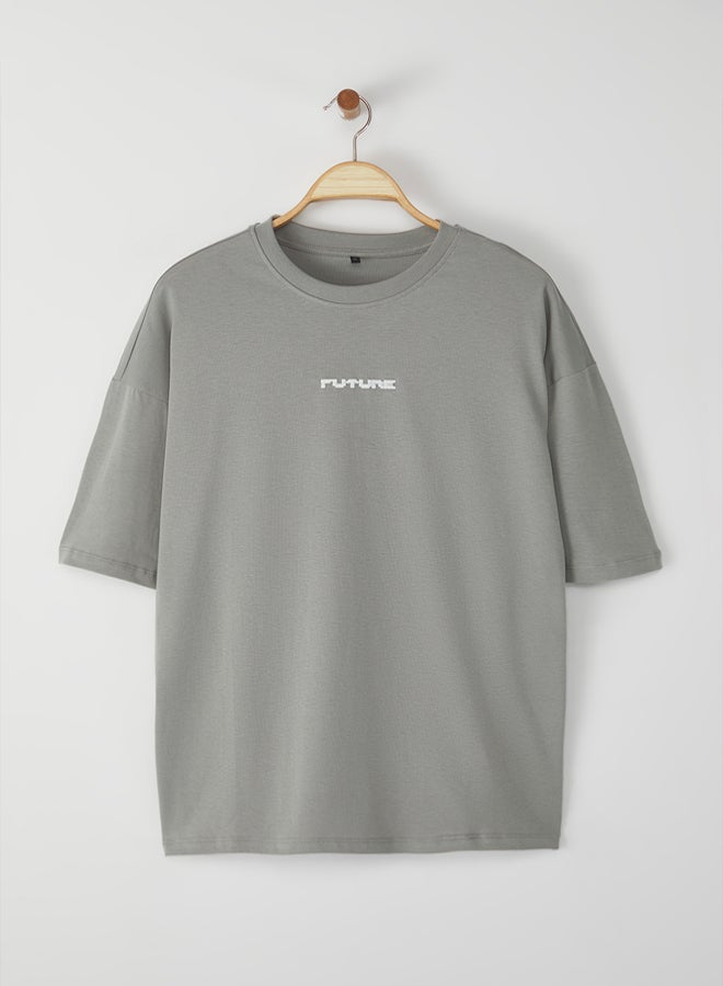 trendyol Grey Oversize/Wide Cut Puffy Printed 100% T-Shirt - Image 3