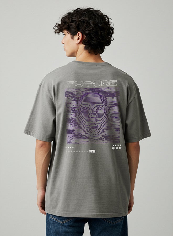 trendyol Grey Oversize/Wide Cut Puffy Printed 100% T-Shirt - Image 1