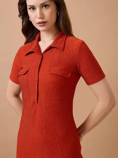 globus Women Self Design Shirt Collar Pocket Detail Midi Sheath Workwear Dress