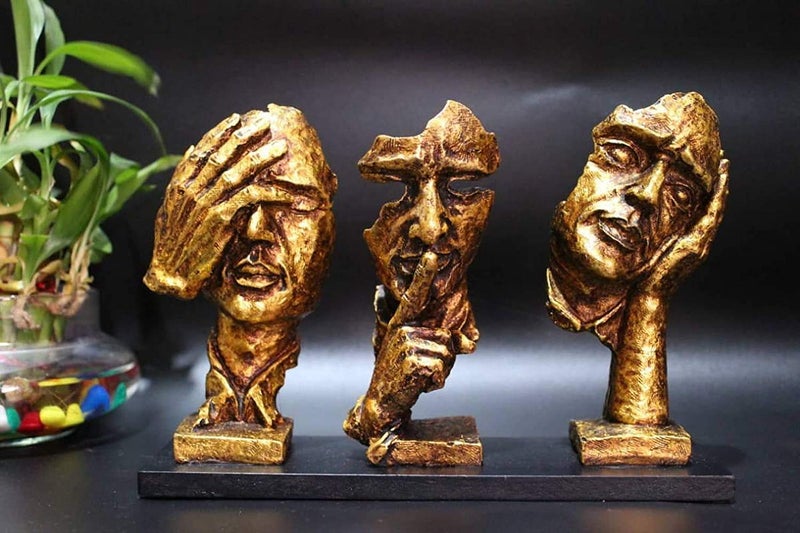 Profound Craft Porcelain Three Modern Human Faces Statue 8 Inches Gold
