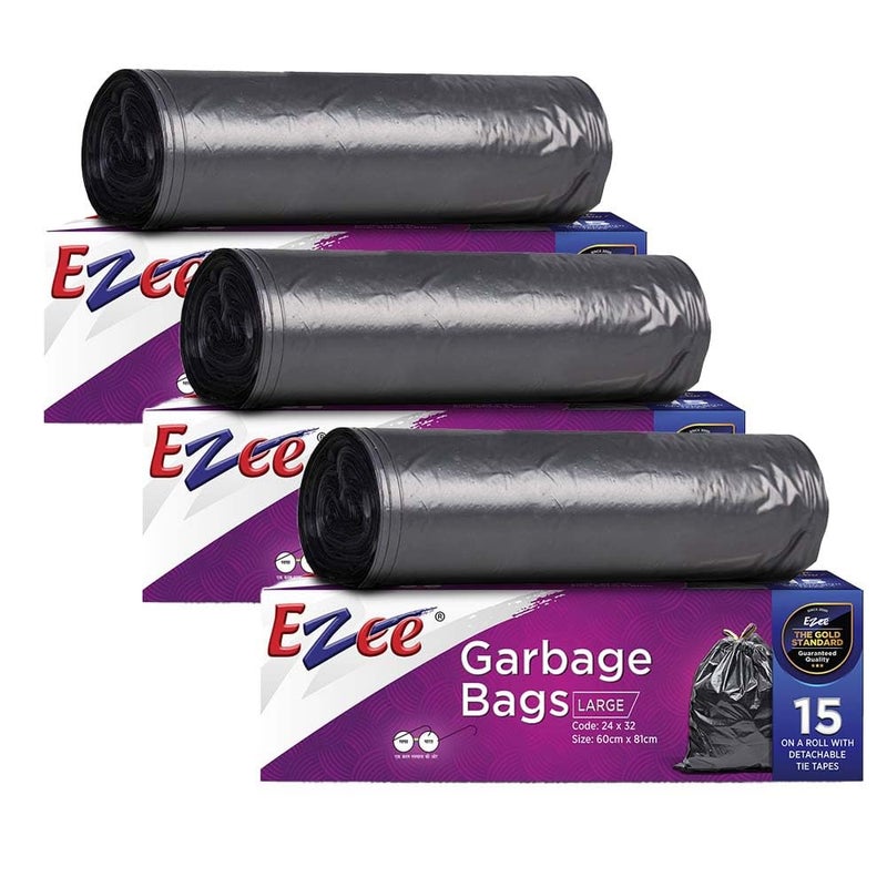Ezee Plastic Large Garbage Bags 24 Inches X 32 Inches | 45 Units | Pack Of 3-15 Pieces Each Pack, Black - Image 1