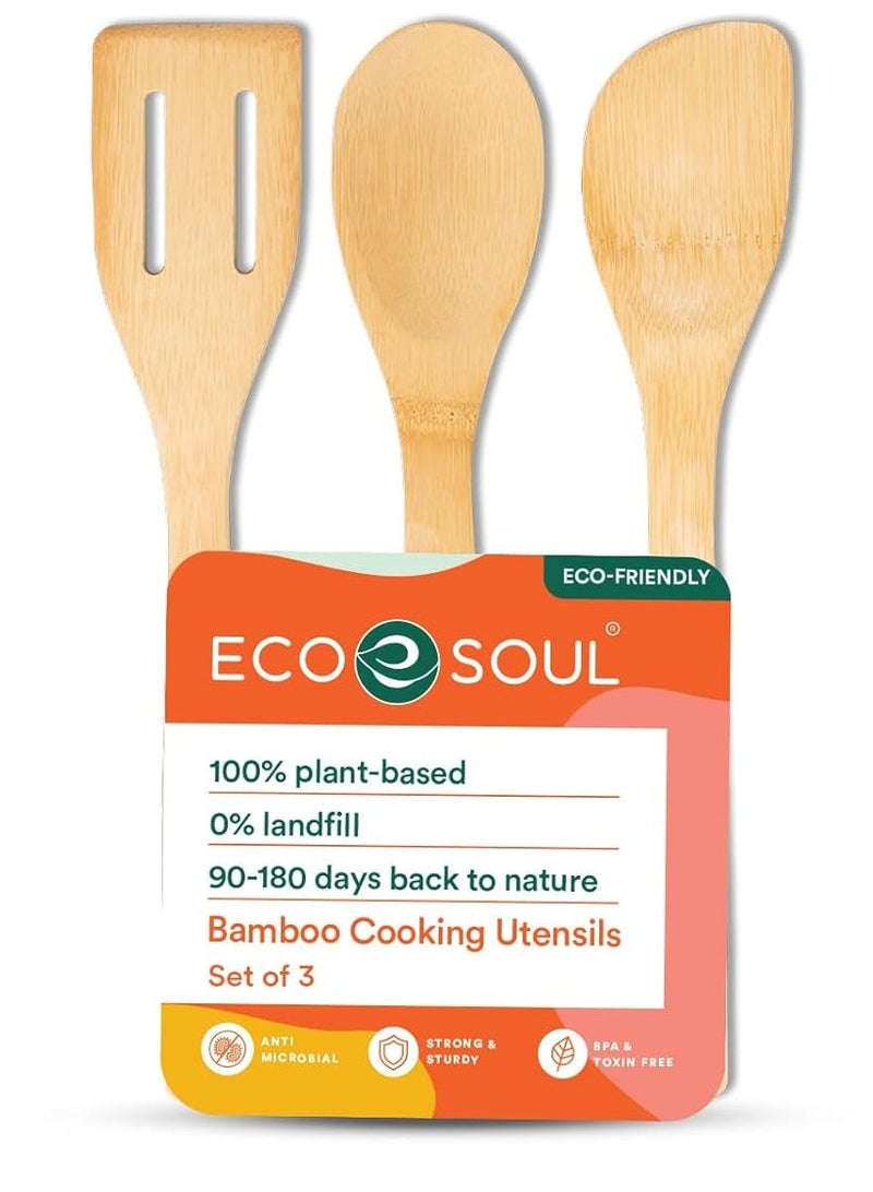 ECO SOUL Bamboo Cooking Utensils Non-Stick Wooden Spoons Ladles and Turners Bamboo Wood Kitchen Accessories for Cooking, Serving, Mixing USDA Certified - Image 1