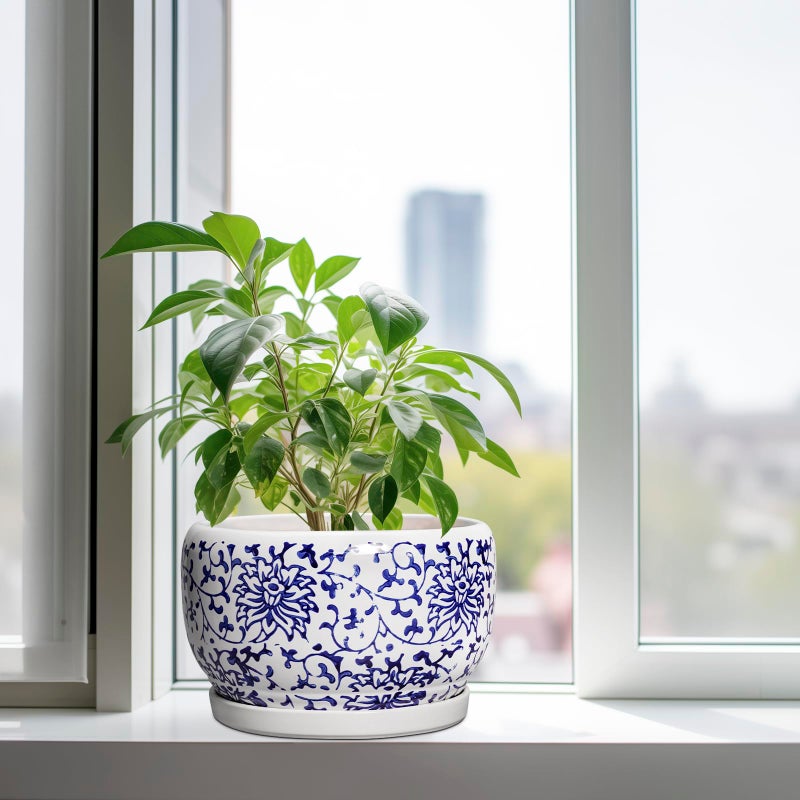 SQOWL Ceramic Pots for Plants - 10 Inch Ceramic Flower Pots with Drainage Hole and Saucer, Round Large Planter Indoor, Decorative Porcelain Planter Outdoor, Home Decor, Birthday Gifts, Blue and White - Image 4