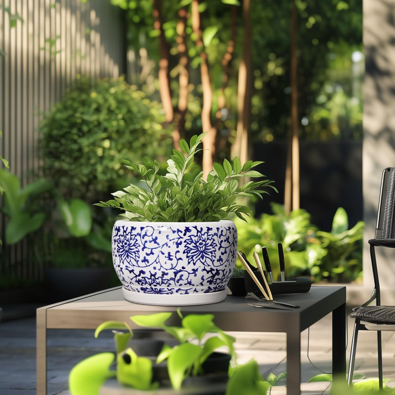 SQOWL Ceramic Pots for Plants - 10 Inch Ceramic Flower Pots with Drainage Hole and Saucer, Round Large Planter Indoor, Decorative Porcelain Planter Outdoor, Home Decor, Birthday Gifts, Blue and White - Image 5