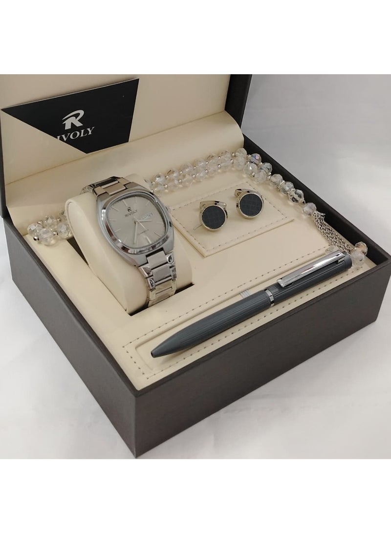 ريفولي طقم رجالي من الستانلس ستيل يتكون من ساعة وسبحة وقلم وازرار اكمام