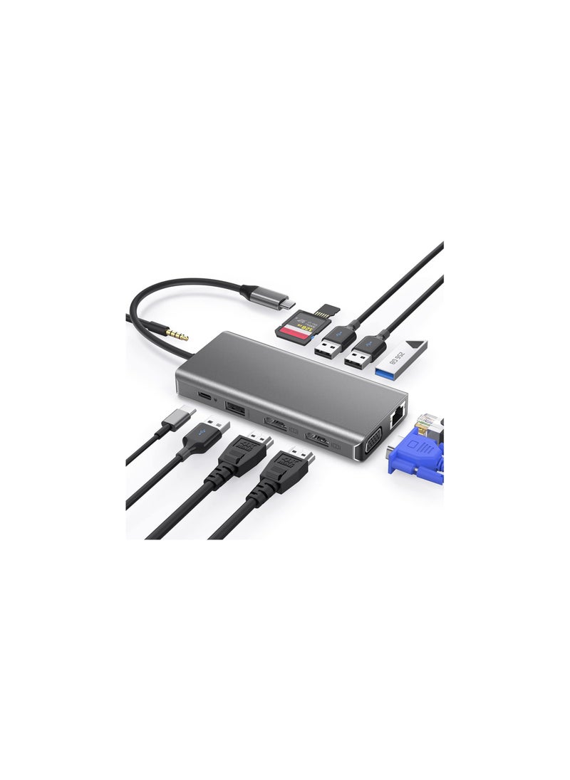 Generic - USB C Docking Station 12-in-1 Hub with 2 HDMI 4K, VGA, 100W Power Delivery, Gigabit Ethernet, 4 USB-A Ports, Audio Jack, SD/TF Card Reader - Image 1