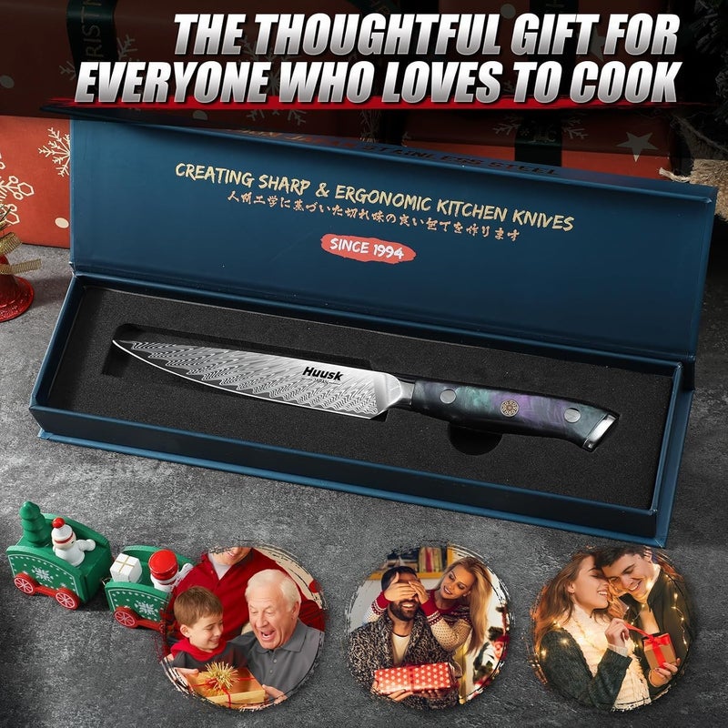 Huusk Japanese Kitchen Utility Knife 5" - Stainless Small Chef Knife with Resin Handle & Sheath, Full Tang Japanese Petty Knives for All Purpose, Sharp Paring Knives for Vegetable & Fruit,Gift for Men - Image 2