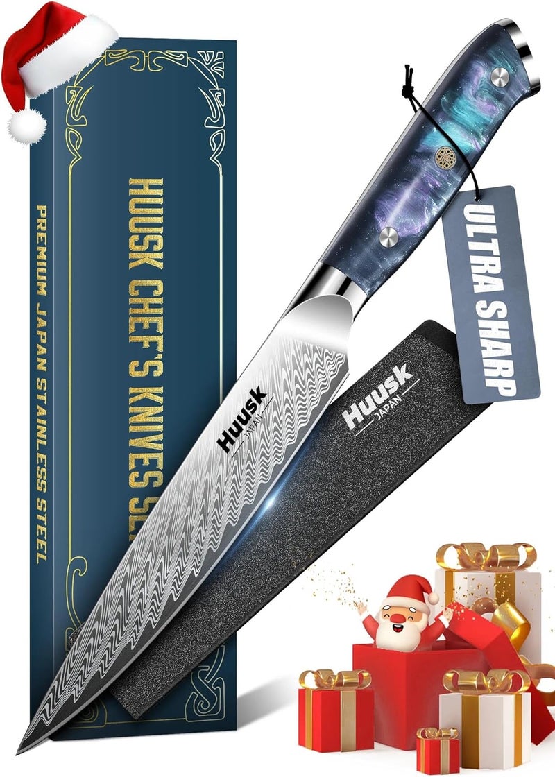 Huusk Japanese Kitchen Utility Knife 5" - Stainless Small Chef Knife with Resin Handle & Sheath, Full Tang Japanese Petty Knives for All Purpose, Sharp Paring Knives for Vegetable & Fruit,Gift for Men - Image 1