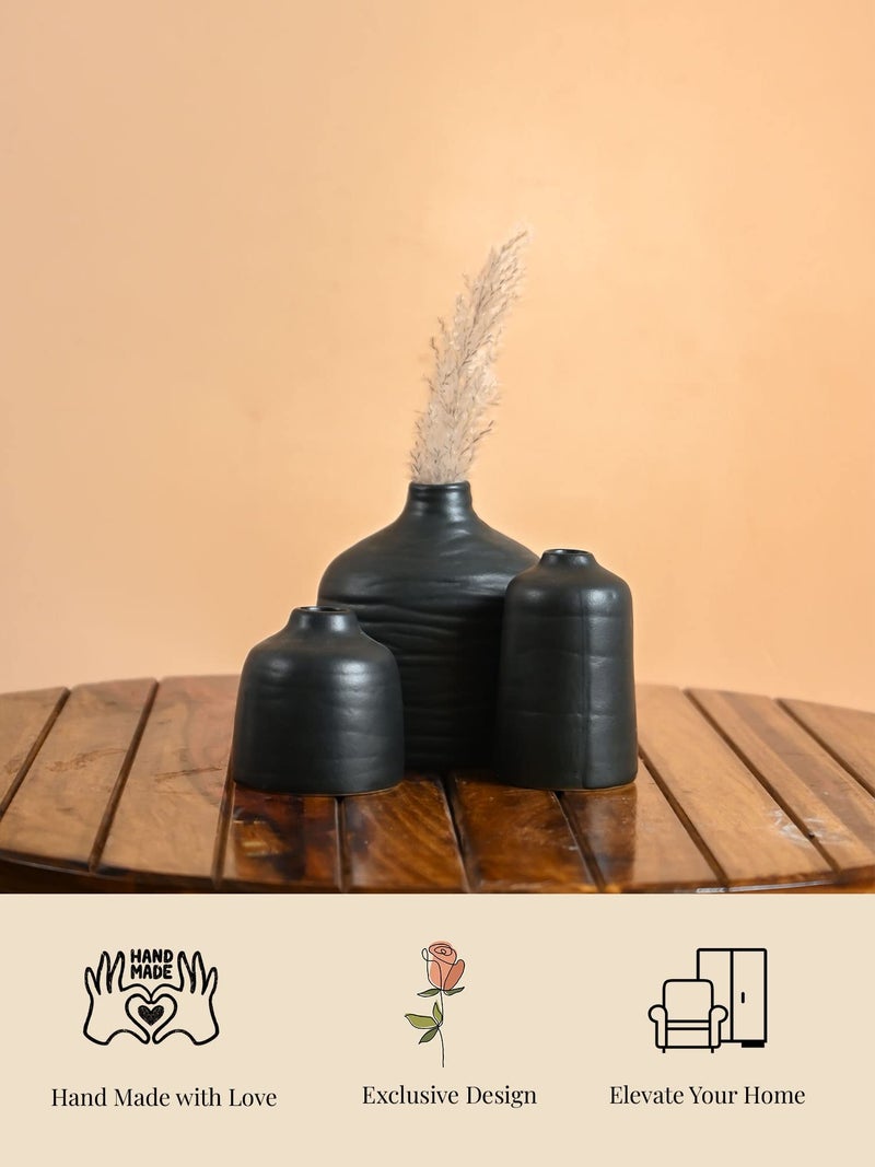 PUREZENTO AKAI Japanese Design Black Ceramic Vase Set of 3 | Modern Minimalist Decorative Vases for Home & Office Decor| Vases for Shelves, Centerpieces & Gifting - Image 3
