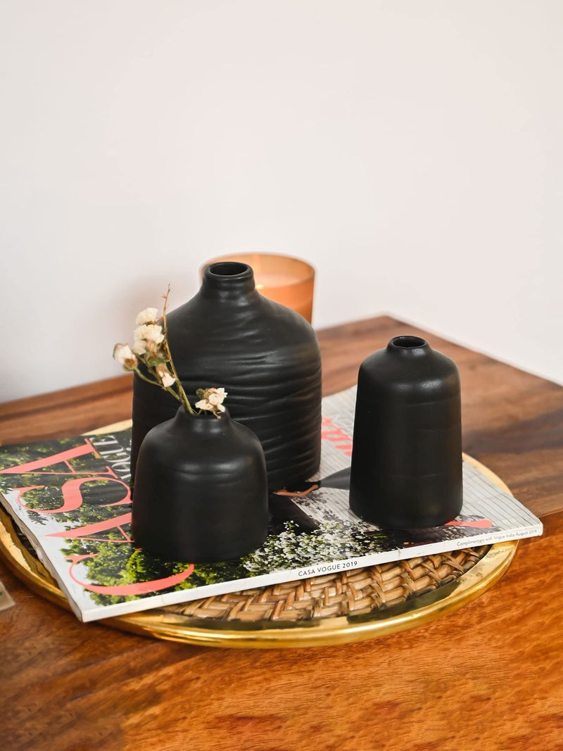 PUREZENTO AKAI Japanese Design Black Ceramic Vase Set of 3 | Modern Minimalist Decorative Vases for Home & Office Decor| Vases for Shelves, Centerpieces & Gifting - Image 1